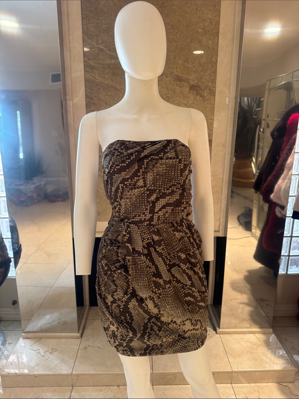 Michael Kors Snakeskin Print Strapless Ruched Sheath Dress Brown